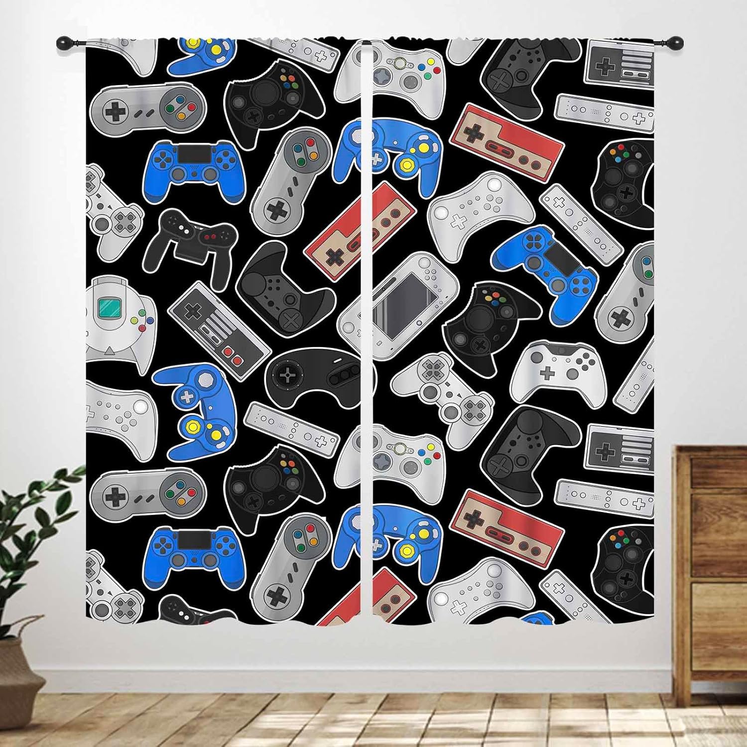 Retro Gaming Youtube - Retro-Controller-Vorhänge – Klassisches Gamepad-Muster auf schwarzem
